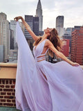Simple New Fashion A line Deep V-Neck Slit Sleeveless Lavender Chiffon Prom Dresses