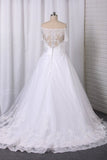 2022 A Line Boat Neck Wedding Dresses Short Sleeves Tulle With Applique PDK47GEG