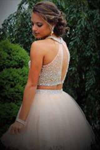 Sparkle Two Pieces Halter Open Back Pink Sleeveless Beads Tulle Homecoming Dress