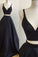 Simple black satins V-neck two pieces A-line long dresses prom