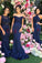 Stylish Halter Open Back Mermaid Navy Blue Bridesmaid Dress with Lace Beading