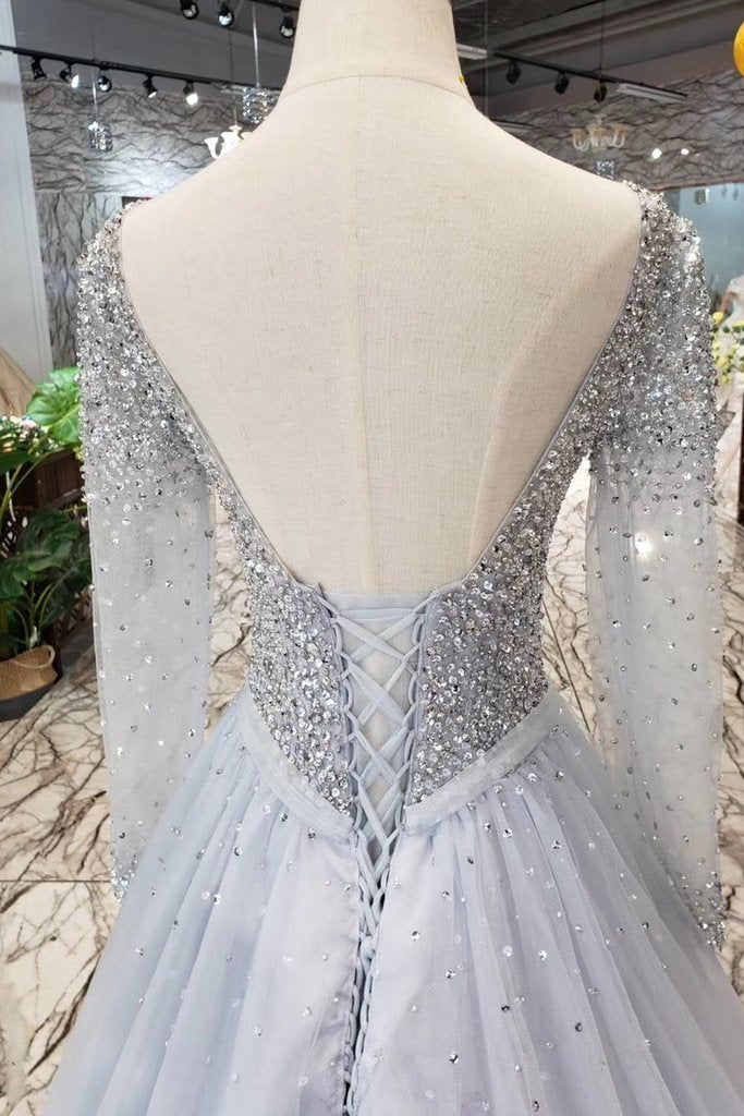 Unique Long Sleeve Tulle Sequins Prom Dresses with Lace up V Neck Evening Dresses