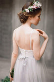 Spaghetti Straps Lace Top Light Grey A-line Tulle Simple Design Beach Wedding Dresses