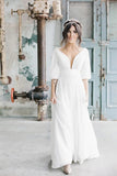 Simple A Line Ivory Chiffon V Neck Wedding Dresses Half Sleeves Long Wedding STFP42YQLZ1