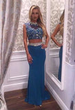 Two Pieces Beading Charming Open Back Blue High Neck Mermaid Long Prom Dresses