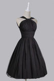 Vintage A-line Straps Knee-Length Chiffon Sash Backless Black Party Homecoming Dresses