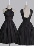 Vintage A-line Straps Knee-Length Chiffon Sash Backless Black Party Homecoming Dresses