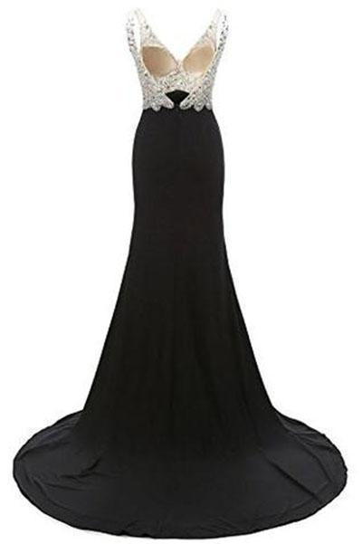 V-Neck Crystal Beaded Mermaid Black Long Prom Dress Slit Side