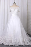 2022 A Line Boat Neck Wedding Dresses Short Sleeves Tulle With Applique PDK47GEG
