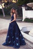 Vintage A-Line Deep V-Neck Navy Blue Sleeveless Prom Dresses with Appliques Pockets