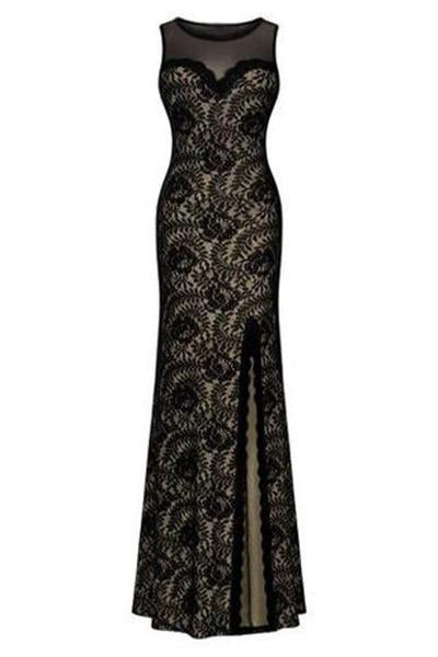 Sleeveless Long Black Lace Split Side Evening Formal Dresses