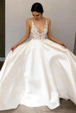 Simple A-Line Deep V Neck Satin Ivory Wedding Dress With Lace STFPR2KHCZB