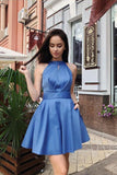Simple A Line Halter Open Back Satin Blue Short Homecoming Dresses with Pockets