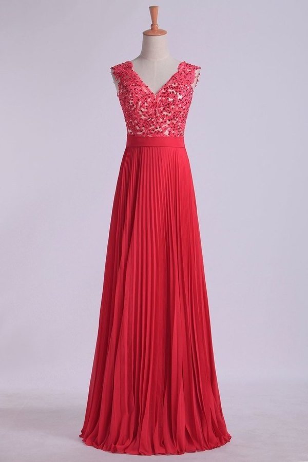 2022 V Neck Prom Dress Appliqued Bodice Ruched Waistband Flowing Chiffon P8DYAPTD
