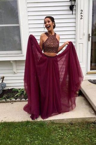 Stylish Burgundy Two Pieces A-line Beading Long Wedding Party Gown Cocktail Formal Wear