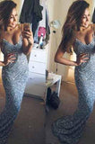 Stunning Mermaid Spaghetti Straps Beading V-Neck Appliques Long Prom Dresses