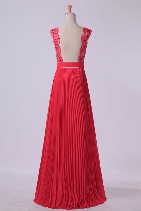 2022 V Neck Prom Dress Appliqued Bodice Ruched Waistband Flowing Chiffon P8DYAPTD