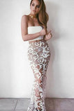 White Mermaid Two Pieces Lace Sleeveless Evening Dresses Long Prom Dresses