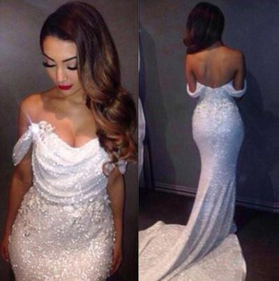 White Mermaid Off The Shoulder Long Ivory Sequins with Sparkle Formal Party Dresses For Teens