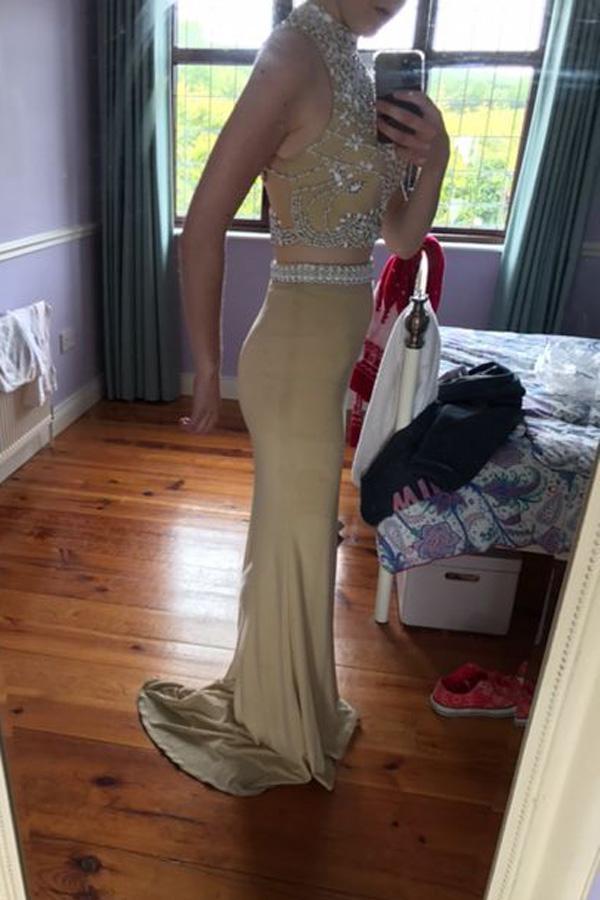 Two Pieces Long Prom Dresses with Sweep Train Sexy Prom Gowns