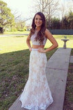White lace two pieces mermaid beading long prom dress graduation