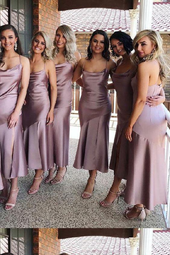 Sheath Spaghetti Straps Tea Length Lilac Bridesmaid Dress With Split Prom Dresses