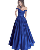 Simple A-Line Off the Shoulder Blue Long Sweetheart Prom Dress with Pockets