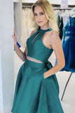 Simple A Line Open Back Dark Green Halter Short Homecoming Dress With Pockets