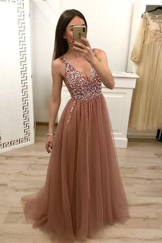 Simple Brown V Neck Beads Prom Dresses Tulle Long Cheap Prom Gowns