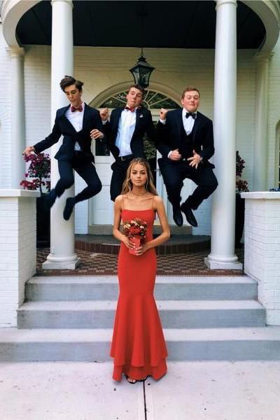 Simple Spaghetti Straps Red Mermaid Prom Dresses Red Thin Straps Formal Dresses