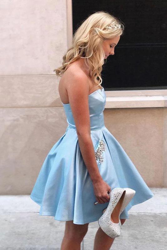 Simple Strapless Cheap Beaded Blue Homecoming Dresses with Pockets Cocktail Dresses