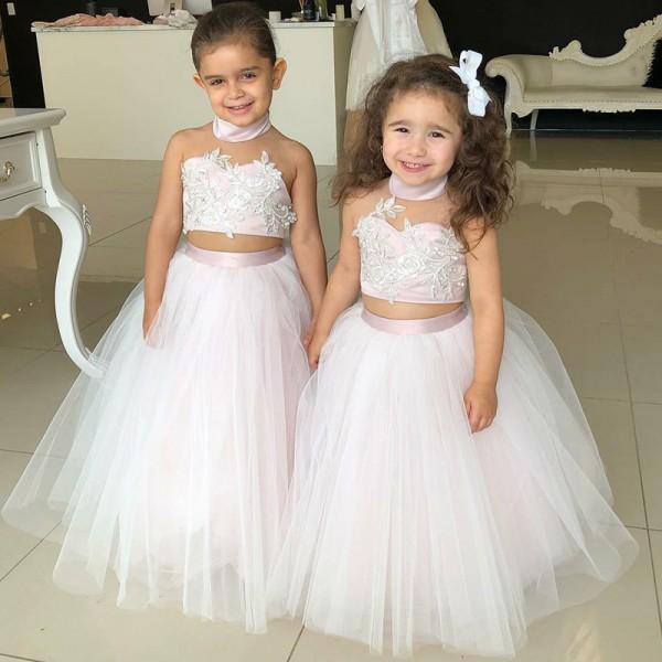 Simple Two Piece Ball Gown Halter Blush Pink Flower Girl Dresses with Appliques