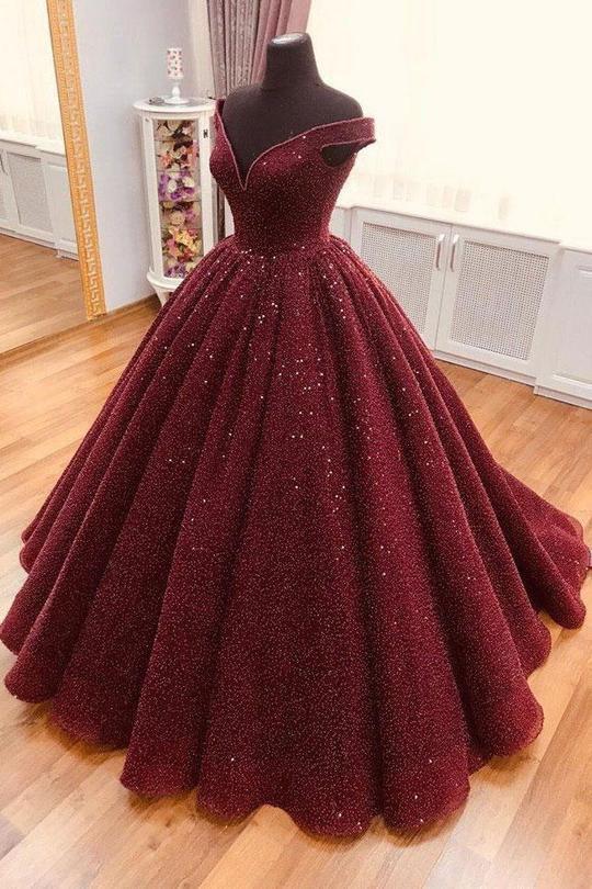 Sparkle Ball Gown V Neck Burgundy Off the Shoulder Prom Dress Quinceanera Dresses