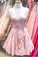 Straps A-line Short Blue V Neck Homecoming Dress Lace Appliques Backless Prom Dresses
