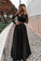 Two Piece Black Long Sleeve Scoop Jewel Appliques Prom Dresses with Satin