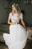 Two Pieces Short Sleeve Off the Shoulder Ivory Lace Beach Wedding Dresses with Chiffon