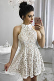 Unique A Line Ivory Halter Lace Above Knee Homecoming Dresses Short Prom Dresses