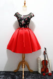 Unique Red Satin Cap Sleeves Scoop Belt Flowers Homecoming Dresses with Lace up