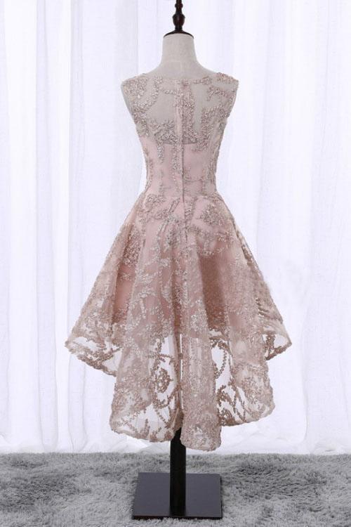 Vintage High Low Round Neck Lace Appliques Pink Homecoming Dresses with Straps