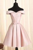 Simple A Line Off the Shoulder Pearl Pink Satin Short Homecoming Dresses with Lace
