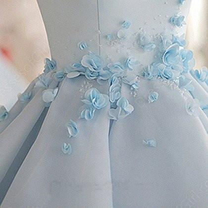 Sky Blue A-line Scoop Neck Satin Tulle Short Flowers Original Mini Dress Homecoming