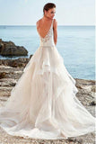 Spaghetti Straps Neckline Backless V-Neck Tulle A-Line Wedding Dresses With Beaded