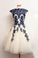 Vintage Scalloped-Edge Knee-Length White Homecoming Dress with Navy Blue Appliques