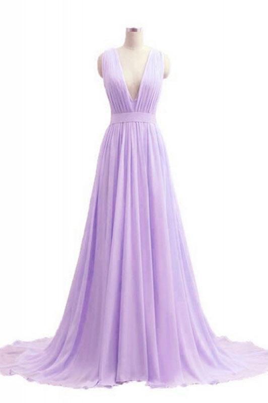 V-neck Lavender Long Chiffon Prom Dresses Evening