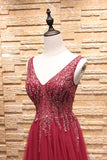 Simple A-Line Burgundy V-Neck Beads Tulle Long Sleeveless Slit Backless Prom Dresses