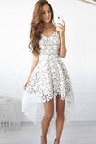 White High Low Spaghetti Hollow Lace V-Neck Sweetheart Homecoming Dress