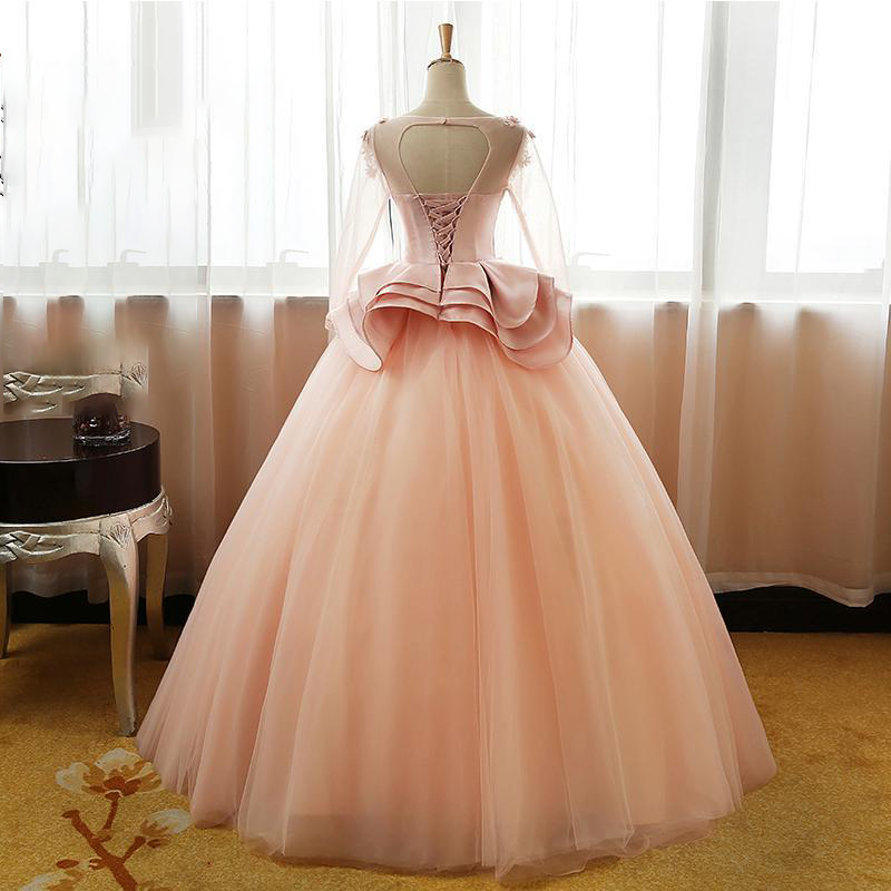 Vintage Pink Flower Long Sleeves Puffy Tulle Long Quinceanera Dress Prom Dresses