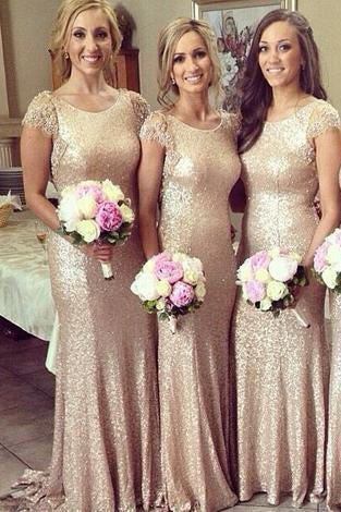 sparkle long champagne sequin bridesmaid dress lace sleeves bridesmaid dress