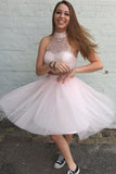 Two Pieces Pretty Sexy Charming Beading Halter Tulle Blush Pink Homecoming Dresses
