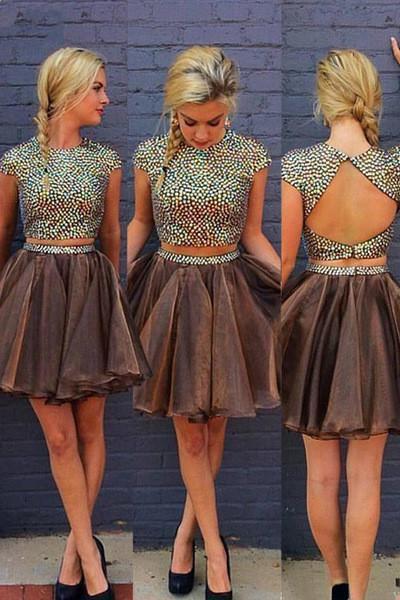 Stylish 2 Piece Jewel Cap Sleeves Short Chocolate Homecoming Dress with Beading Open Back